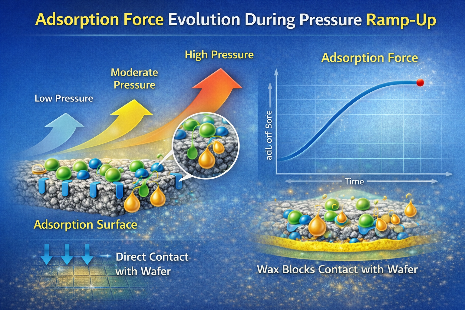 Adsorption force evolution during pressure ramp-up
