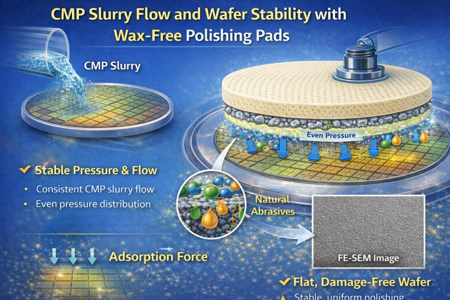 CMP slurry flow and wafer stability with wax-free polishing pads