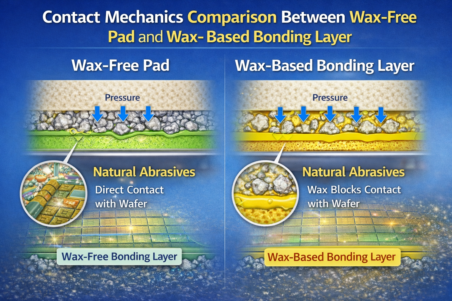 Contact mechanics comparison between wax-free pad and wax-based bonding layer