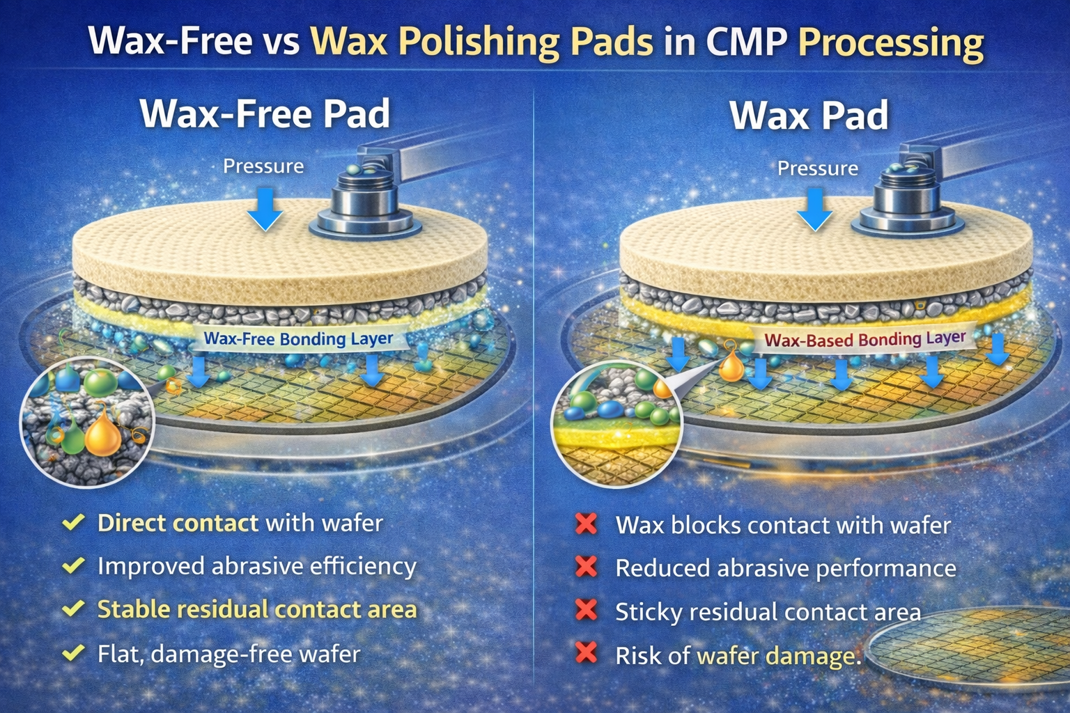 Wax-Free vs Wax Polishing Pads in CMP Processing