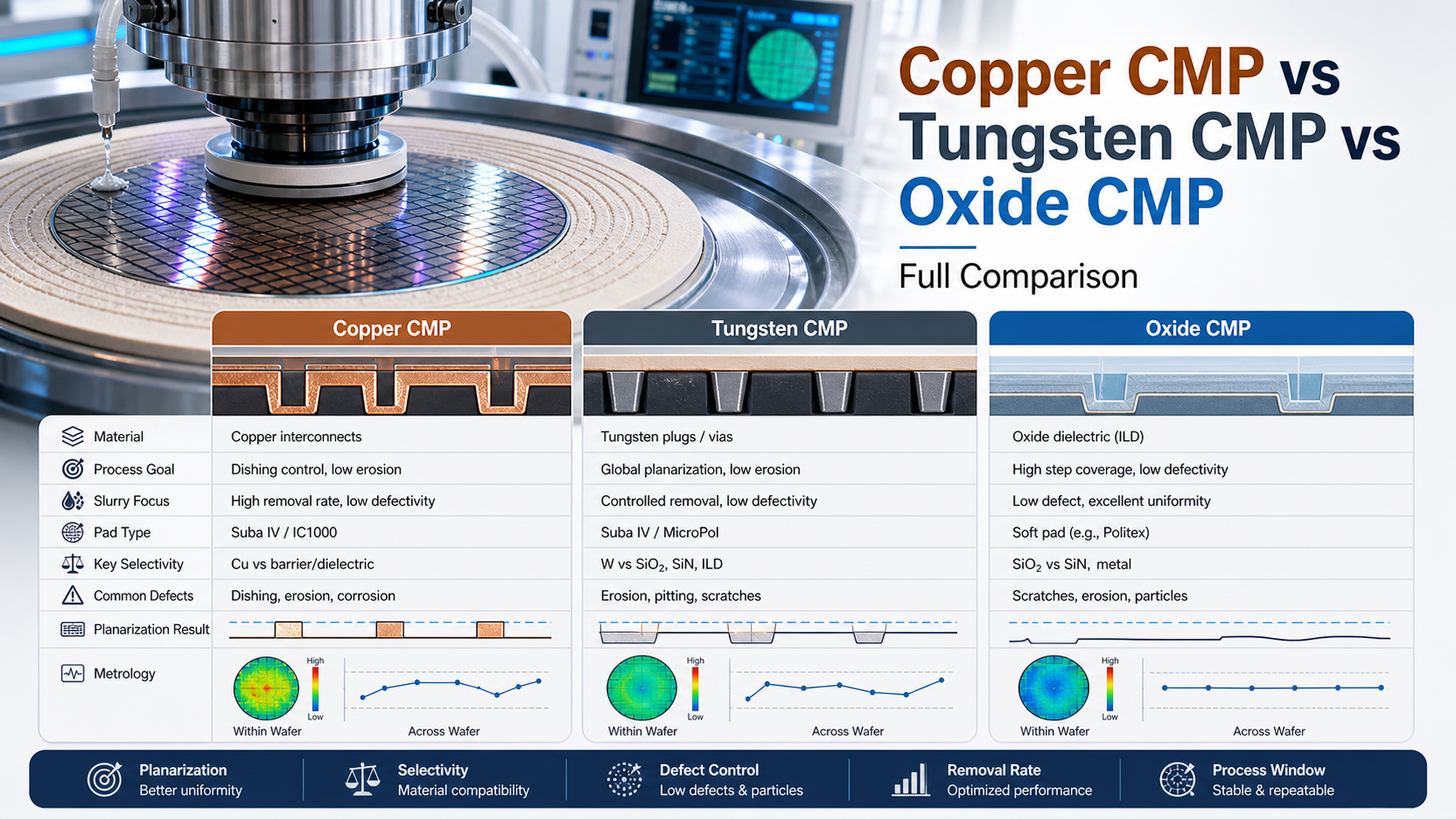 Copper CMP vs Tungsten CMPvs Oxide CMP Full Comparison