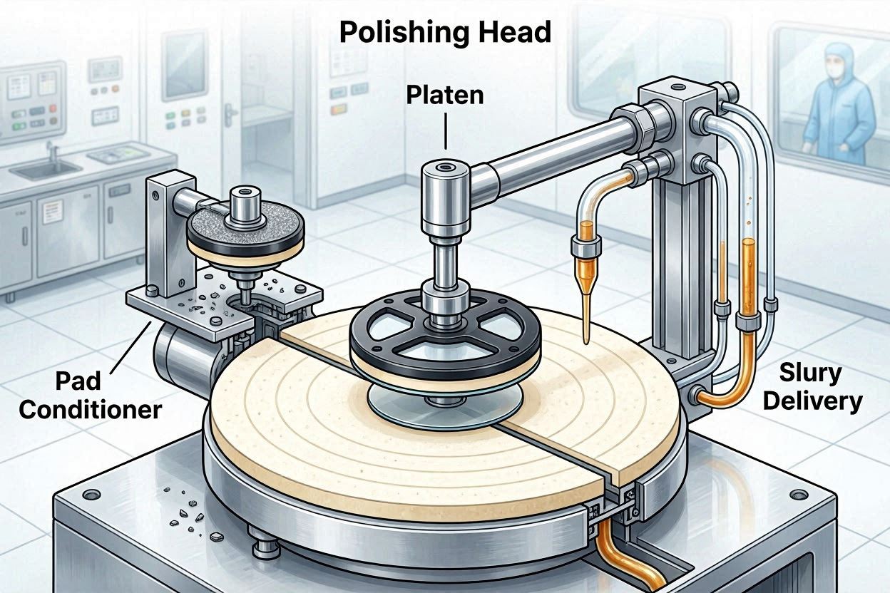 CMP Machine Components Explained Polishing Head, Platen, Slurry Delivery & Pad Conditioner